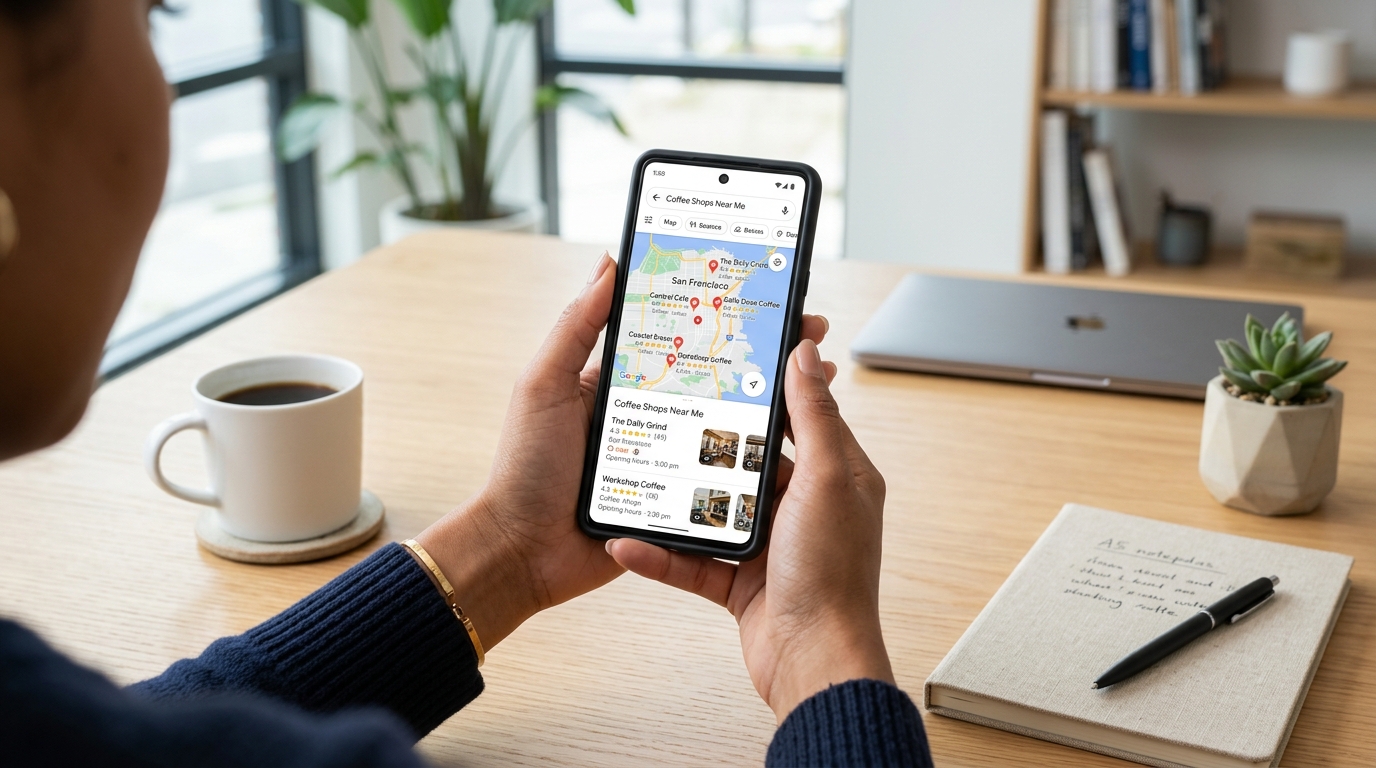 Google Maps local search on a smartphone representing Google Business Profile for Cambridge NZ