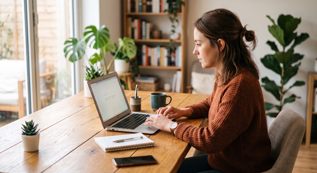 Business owner on laptop setting up Google Words advertising for their NZ business
